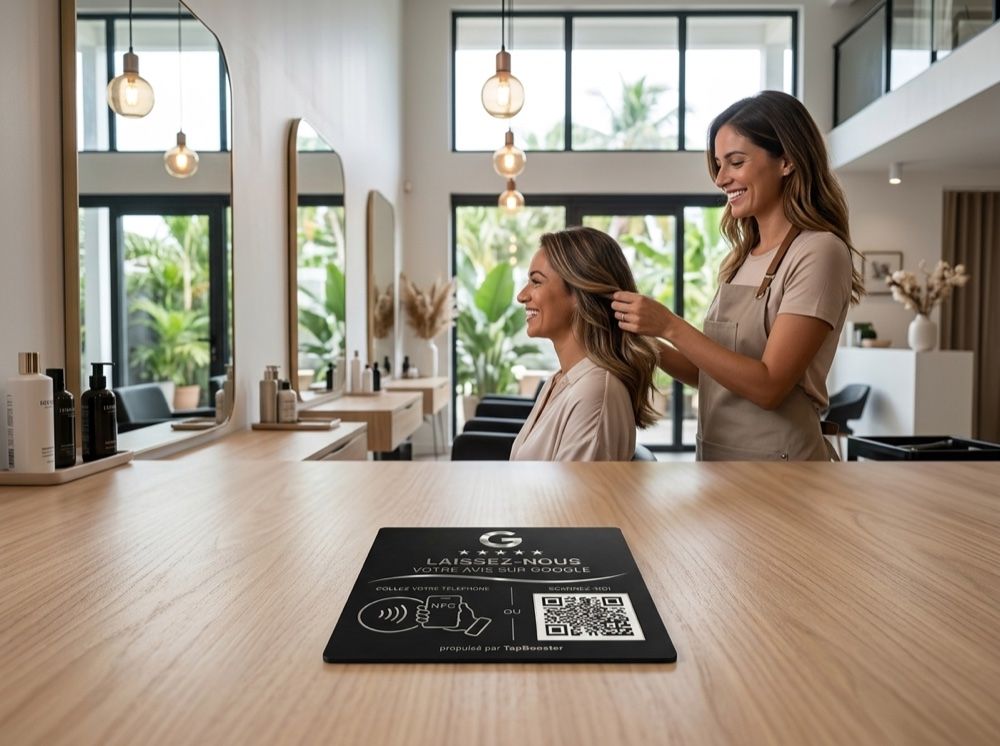 Salon de coiffure réunionnais — plaque à l'accueil
