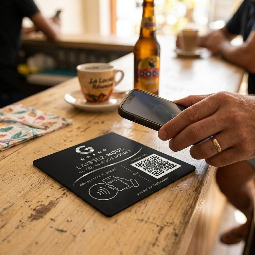 Une main approche un smartphone d'une plaque TapBooster posée à plat sur un comptoir