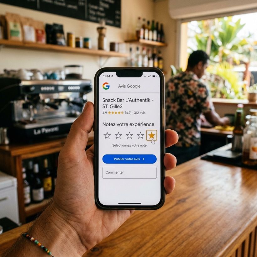 Un smartphone affiche la page d'avis Google du commerce, prête à recevoir une note 5 étoiles