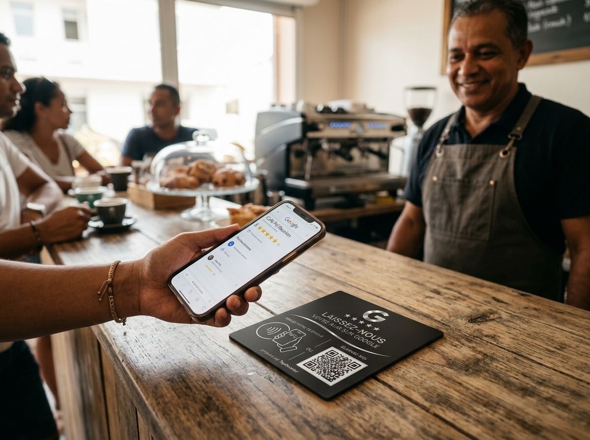 Dans un café-snack à La Réunion, un client approche son téléphone — un avis Google 5 étoiles à l'écran — d'une plaque TapBooster posée à plat sur le comptoir, le commerçant souriant en arrière-plan