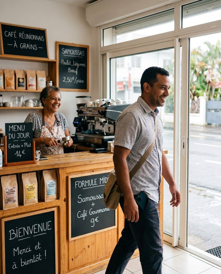 Un client satisfait quitte un commerce à La Réunion pendant que la commerçante sourit derrière son comptoir — le moment idéal pour un avis s'en va avec lui