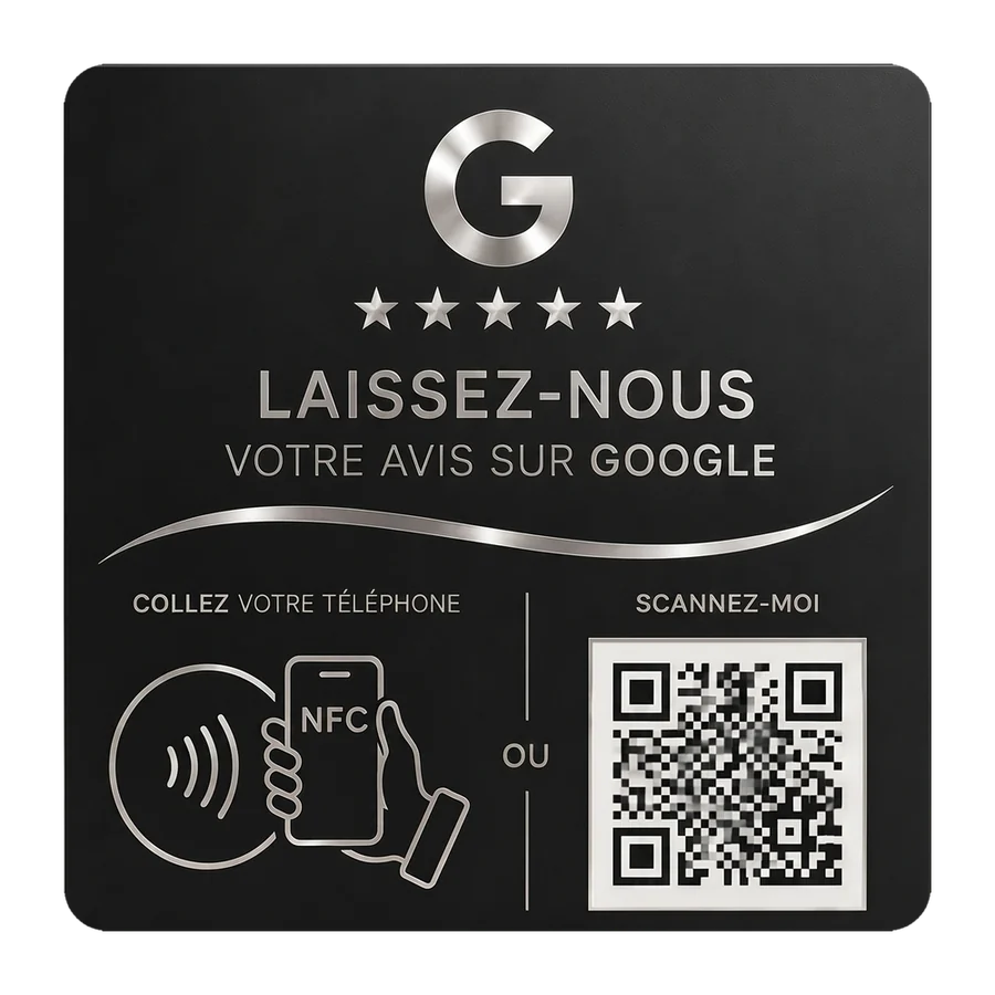 Plaque Avis Google TapBooster, noir mat effet métal, posée à plat
