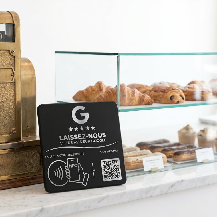 Plaque d'avis Google dans une boulangerie