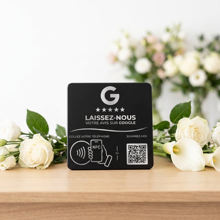 Plaque d'avis Google chez un fleuriste