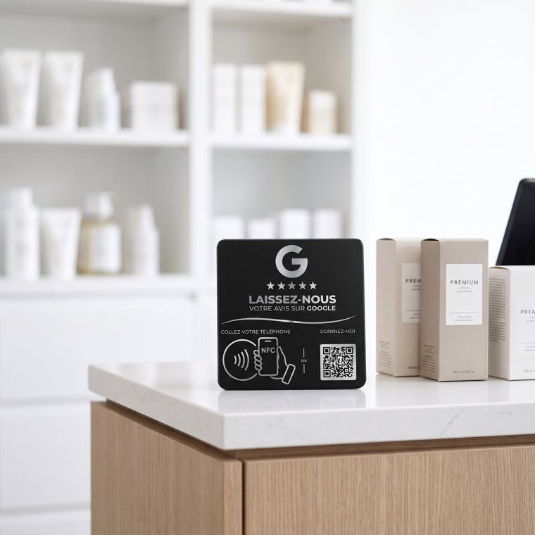 Plaque d'avis Google dans une pharmacie