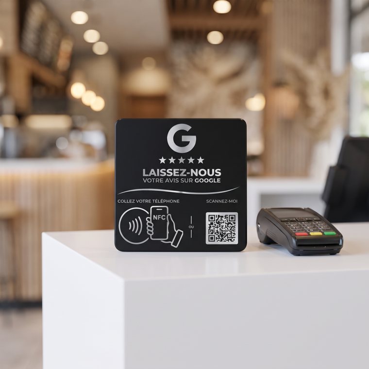 Plaque d'avis Google posée dans un restaurant