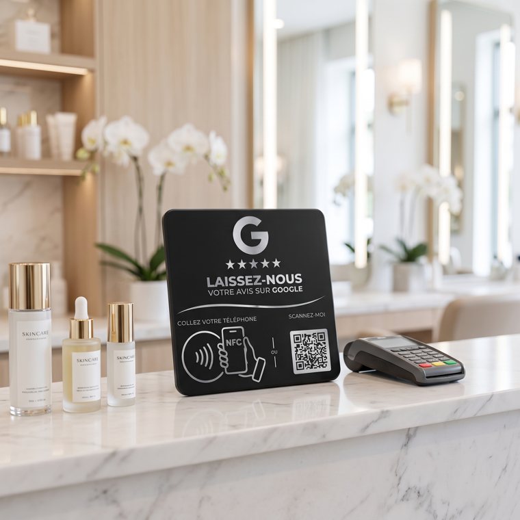 Plaque d'avis Google dans un salon de beauté